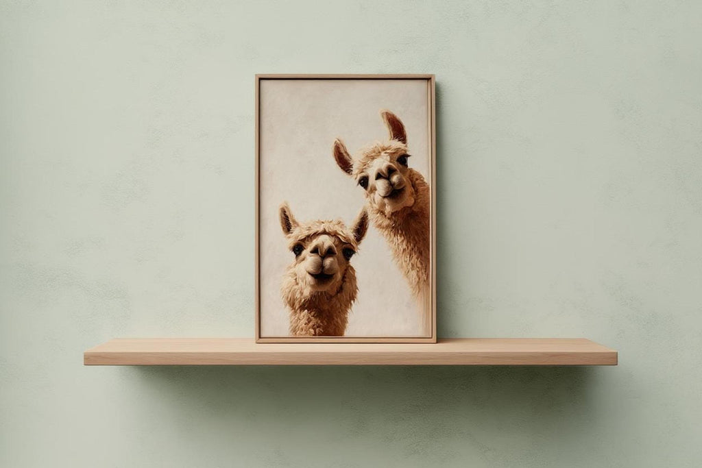 Framed print centered on a mint wall shelf, llama duo peeking, neutral nursery wall art and llama nursery wall art digital download