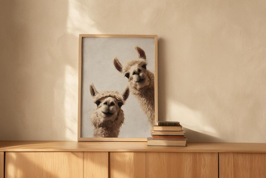 Warm sunlit vignette on a wooden sideboard, framed llama print leaning, boho animal nursery decor, llama nursery wall art digital download