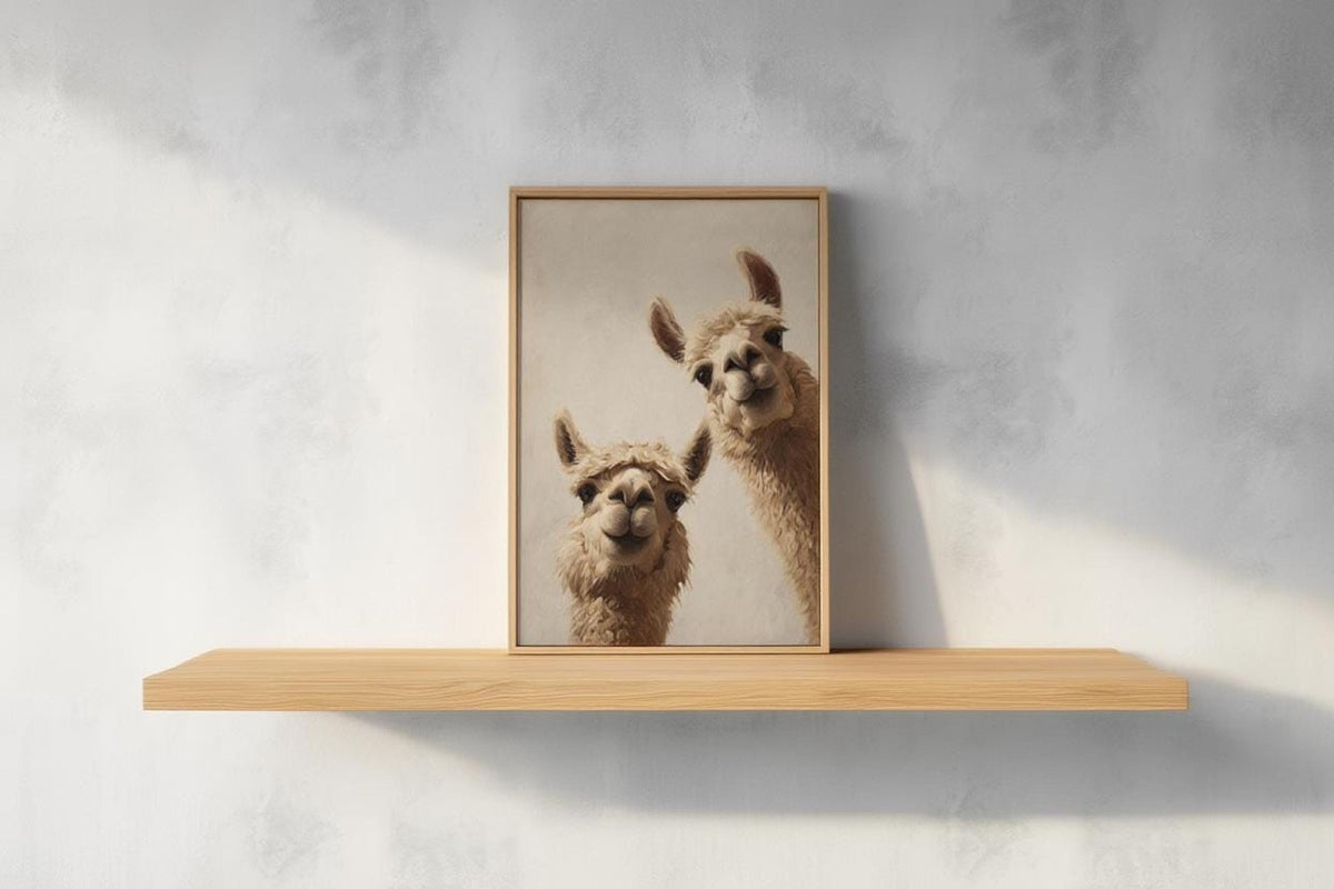 Minimal floating shelf with framed llama duo against a cool gray textured wall, mid century modern nursery decor, llama nursery wall art digital download