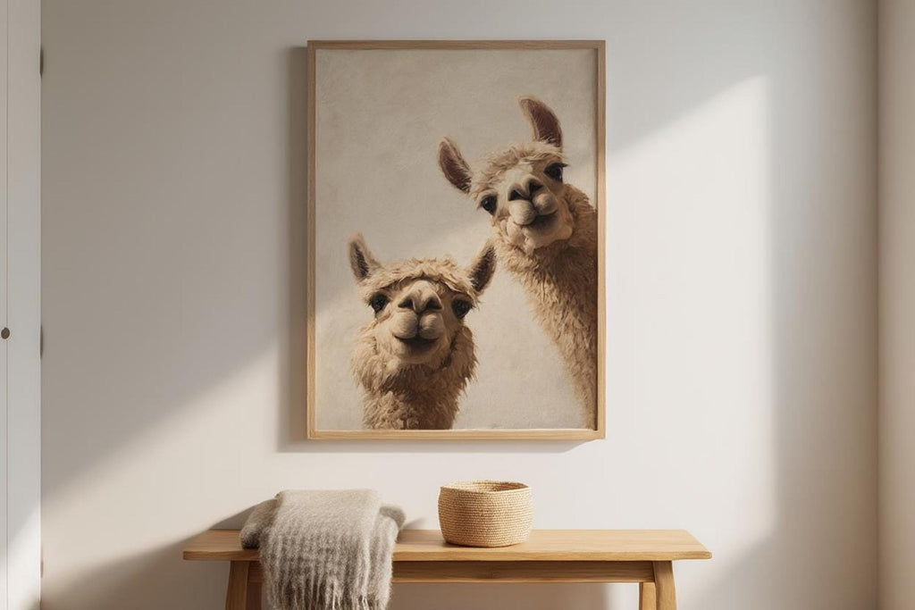Llama poster hung above a console table, bright window light casting shadows, whimsical nursery wall art, digital download poster