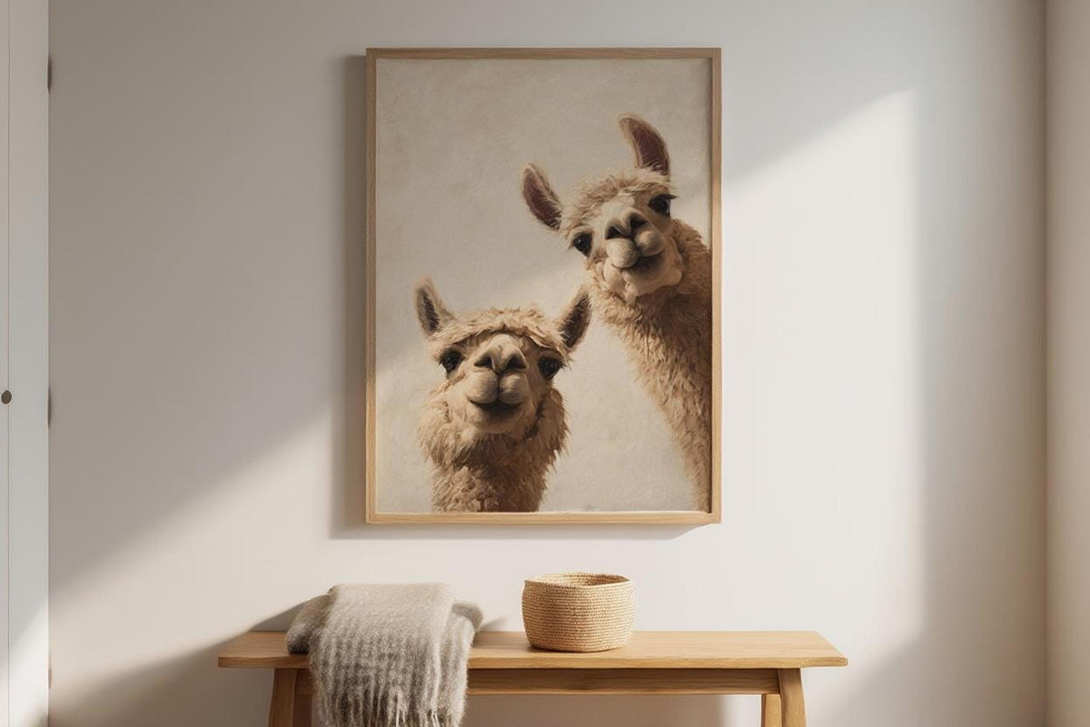 Llama poster hung above a console table, bright window light casting shadows, whimsical nursery wall art, digital download poster