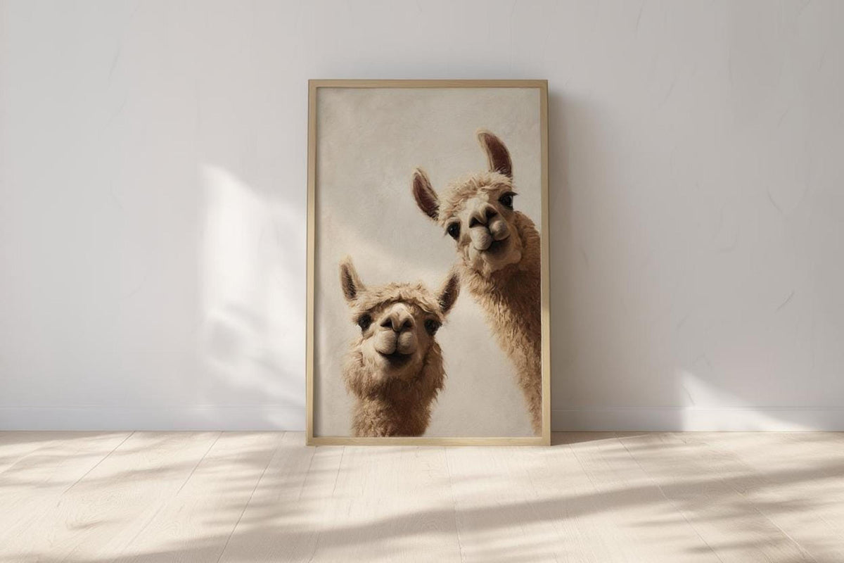 Leaning framed art on a sunlit floor, two humorous llamas, minimalist boho nursery styling, llama nursery wall art digital download