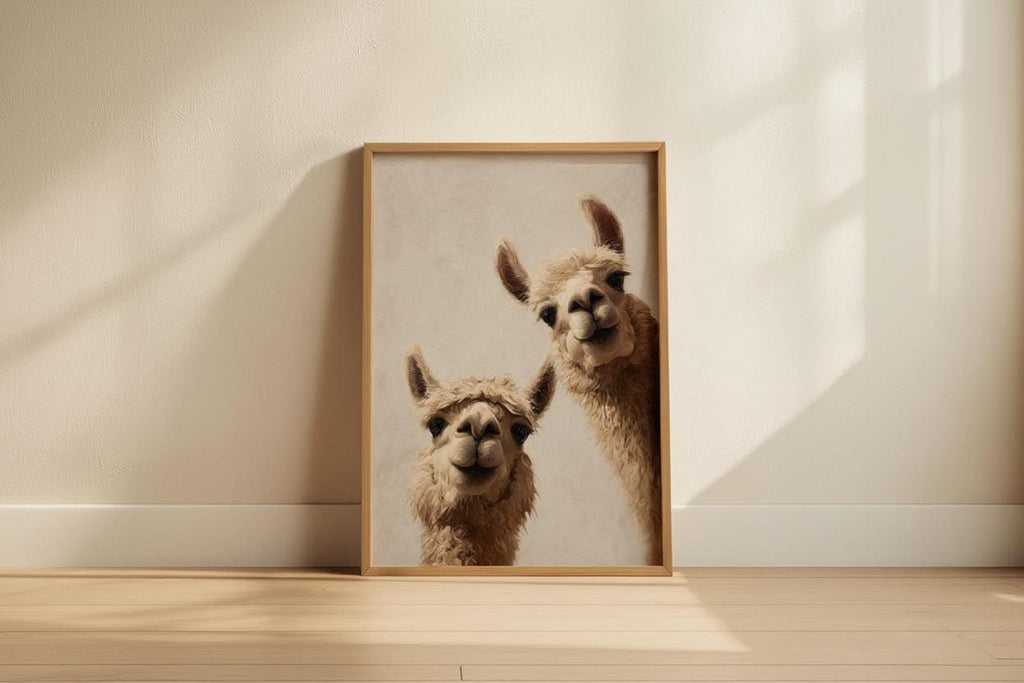 Tall frame resting on a low shelf with soft directional light, textured beige background, neutral nursery wall art, digital download
