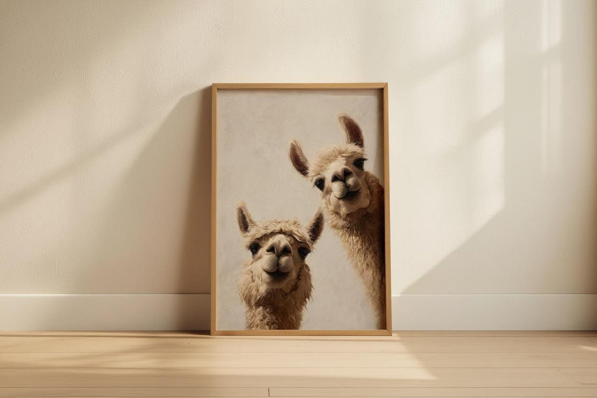 Tall frame resting on a low shelf with soft directional light, textured beige background, neutral nursery wall art, digital download