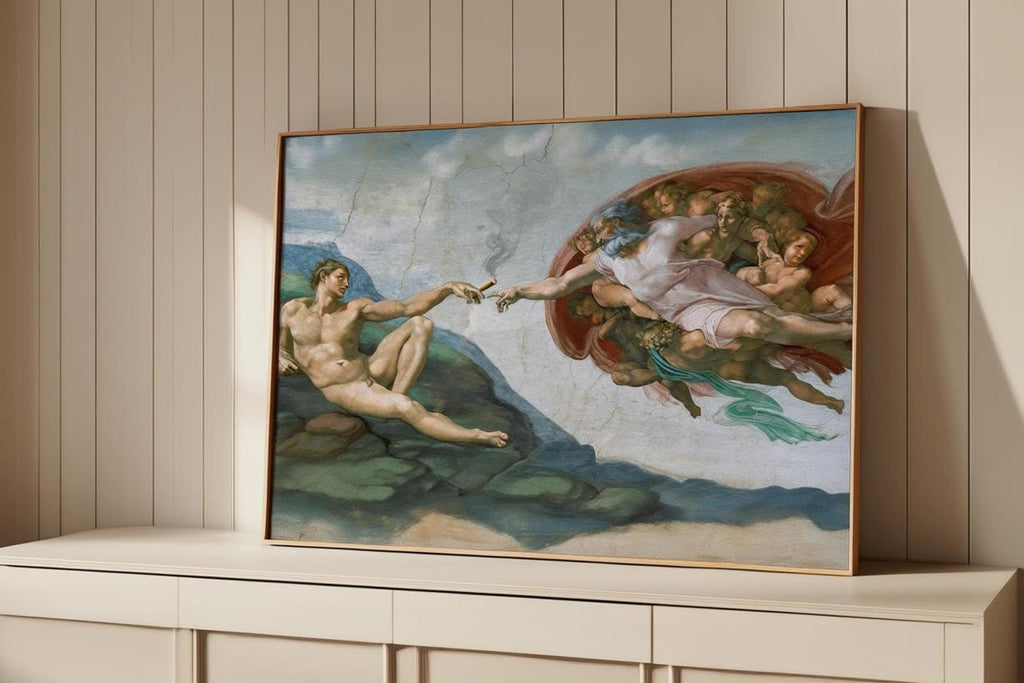 Creation of adam funny wall art on a low shelf, paneled wall background, cigarette glow and earthy tones