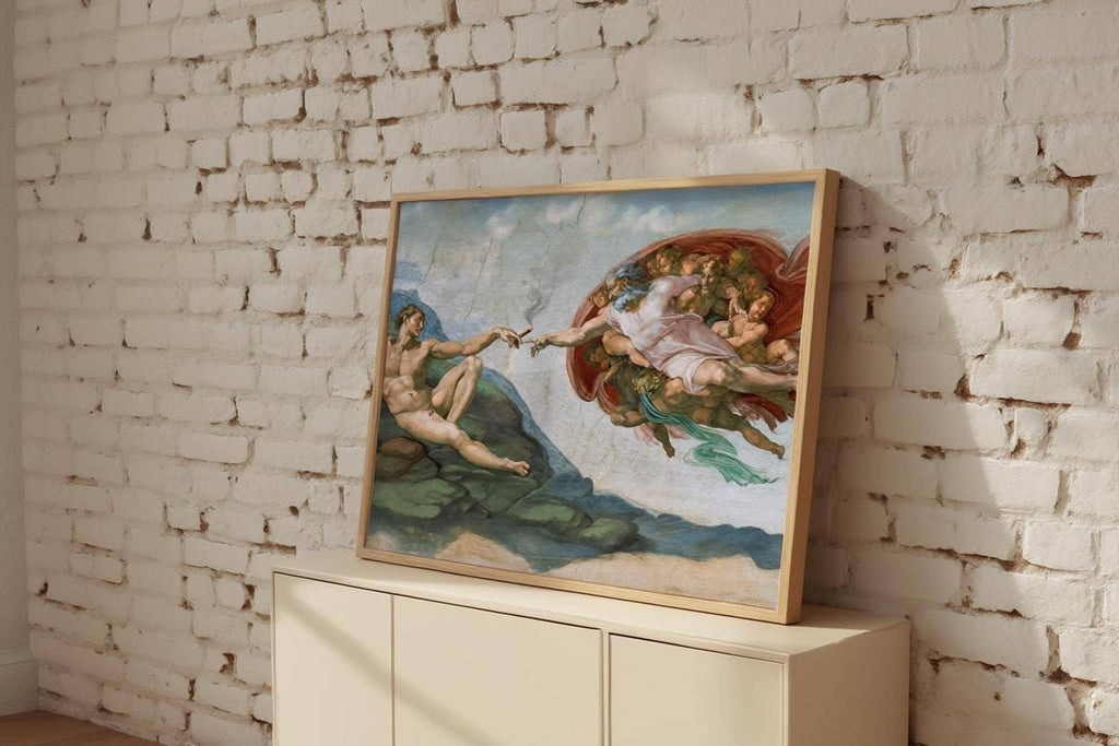 Framed famous fresco poster leaning by a white brick wall, rustic vignette, cigarette spark between fingers