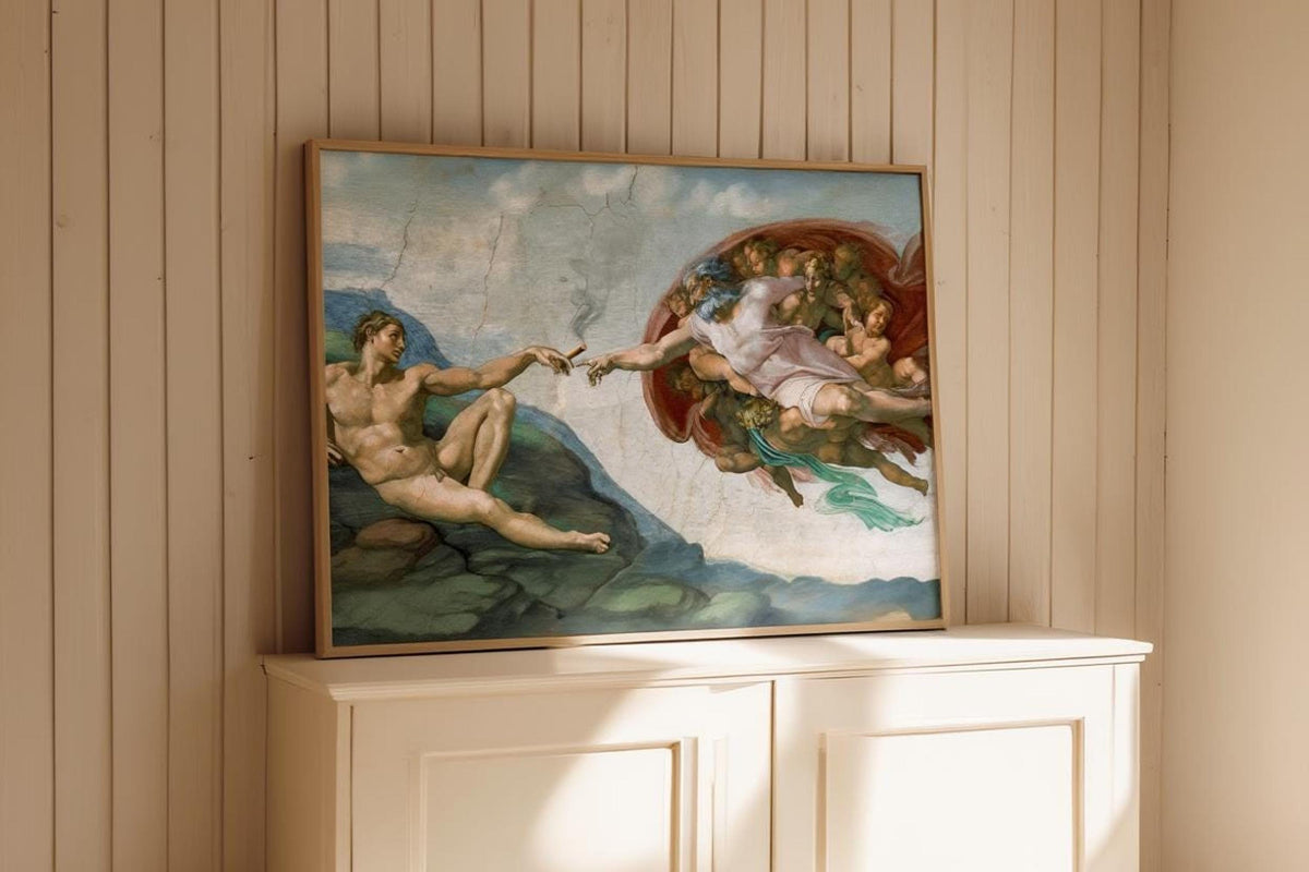 Framed creation of adam parody print on cream paneled wall, centered composition, vintage fresco coloring