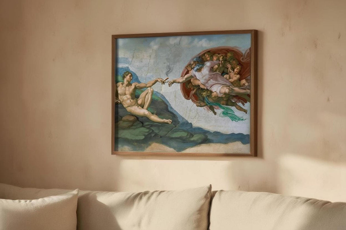 Small framed funny michelangelo poster above a couch, cozy room, muted palette, witty cigarette detail