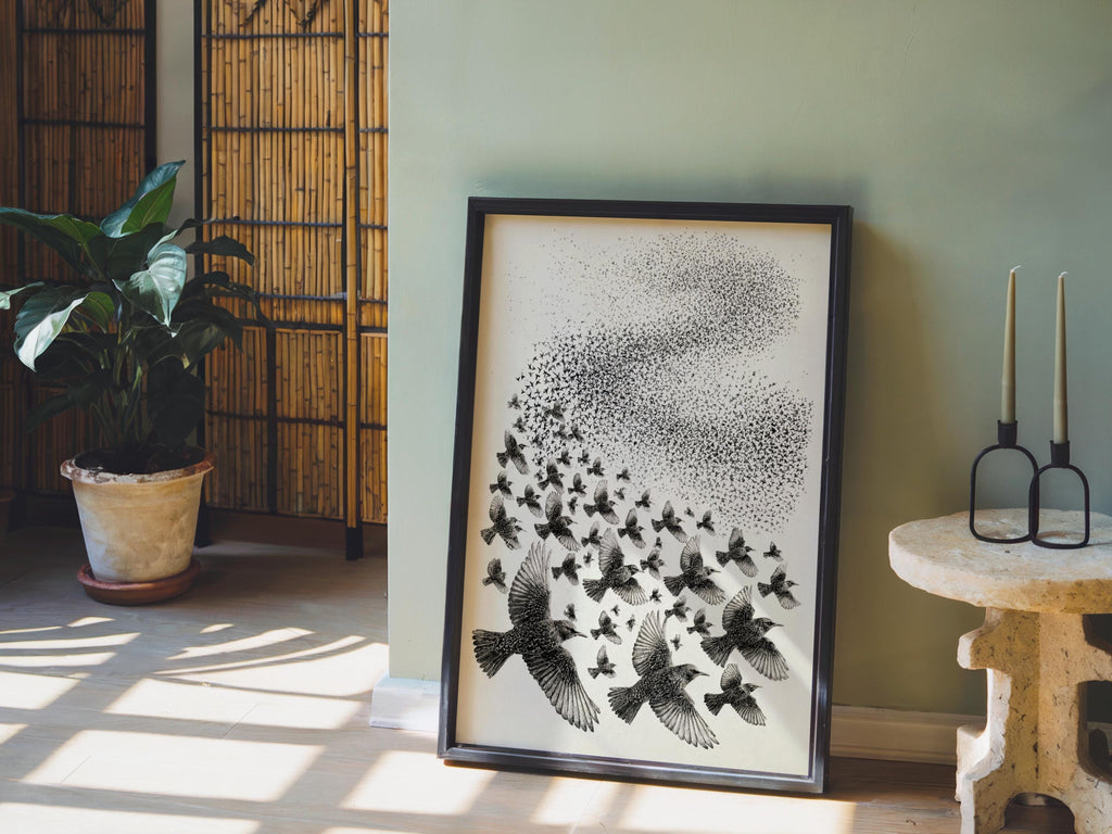 Starling Flock Print, Bird Murmuration Wall Art, Minimalist Animal Poster, Wildlife Fine Art, Nature Lover Gift, Nature Lover Gift