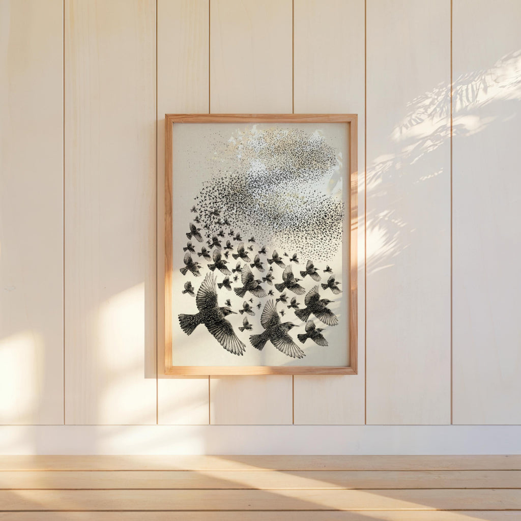 Starling Flock Print, Bird Murmuration Wall Art, Minimalist Animal Poster, Wildlife Fine Art, Nature Lover Gift, Nature Lover Gift