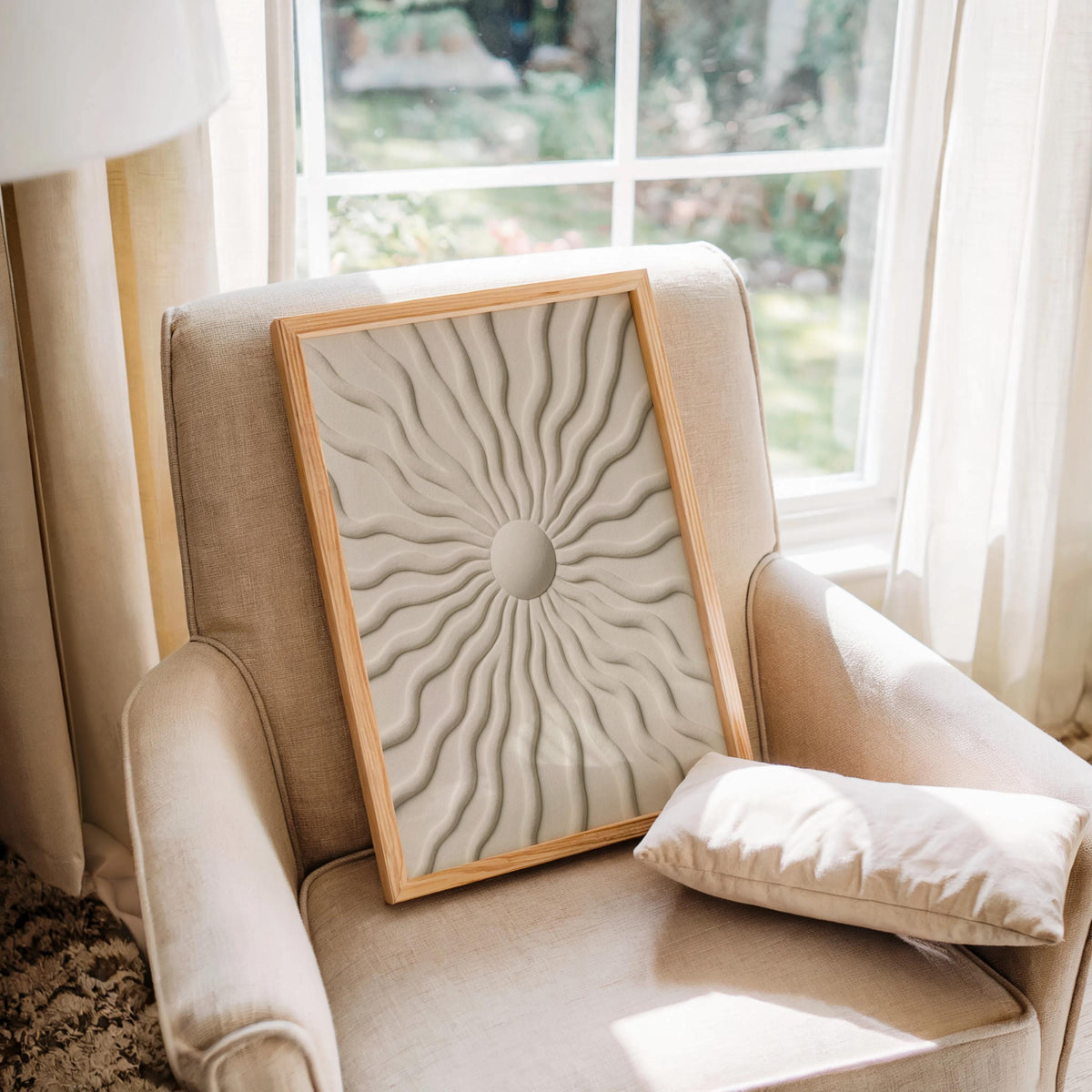 Sunburst Wall Art, Minimalist Wavy Relief Print, Beige Abstract Texture Poster, Modern Japandi Home Decor, Mid Century Boho Canvas