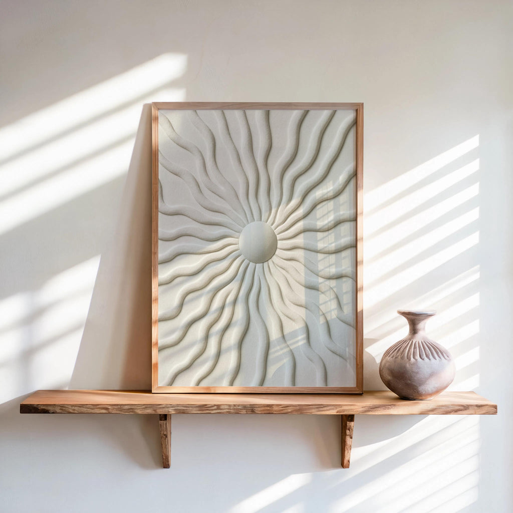 Sunburst Wall Art, Minimalist Wavy Relief Print, Beige Abstract Texture Poster, Modern Japandi Home Decor, Mid Century Boho Canvas