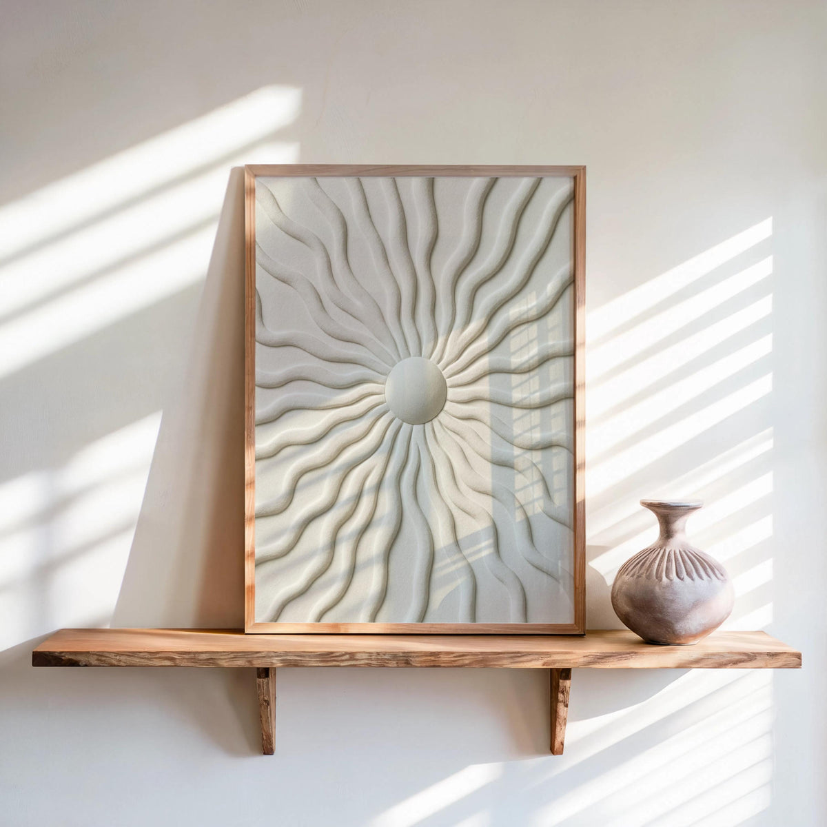 Sunburst Wall Art, Minimalist Wavy Relief Print, Beige Abstract Texture Poster, Modern Japandi Home Decor, Mid Century Boho Canvas