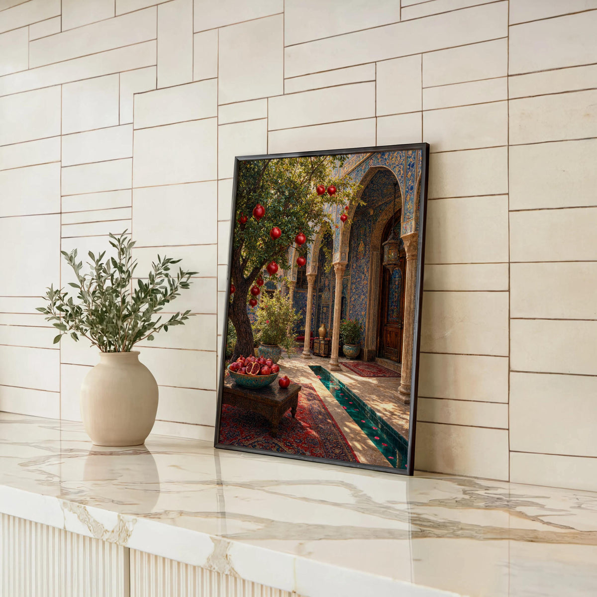 Persian courtyard wall art leaning on white shiplap, marble floor reflection, Iranian courtyard art, traditional tile