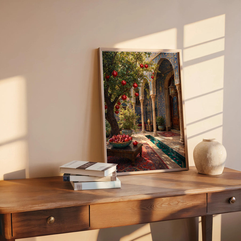 Persian courtyard wall art propped on a wooden desk, dappled light on tiled water feature, traditional tile art