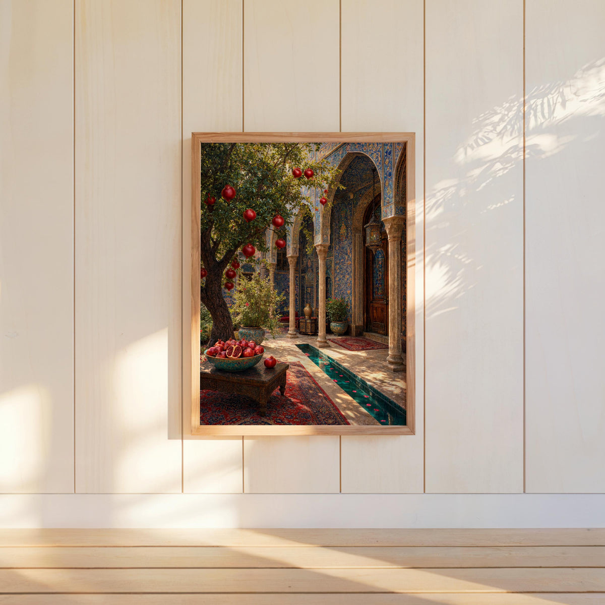 Hung Persian courtyard wall art on paneled wall, leafy pomegranate tree, Islamic arch details, boho Persian decor