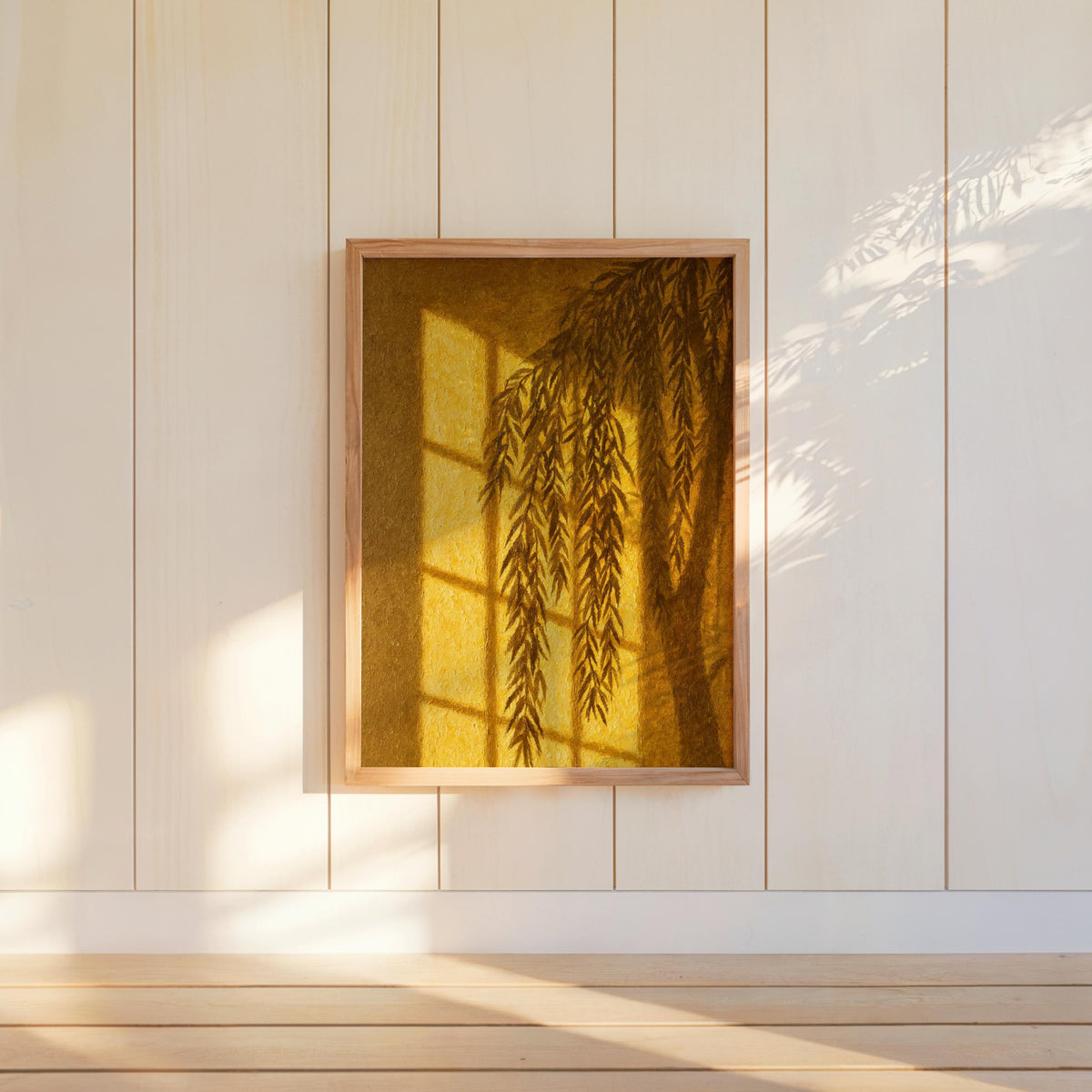 Willow Shadow Wall Art, Window Light Oil Paitning, Botanical Moody Plant Canvas, Warm Minimalist Silhouette Decor