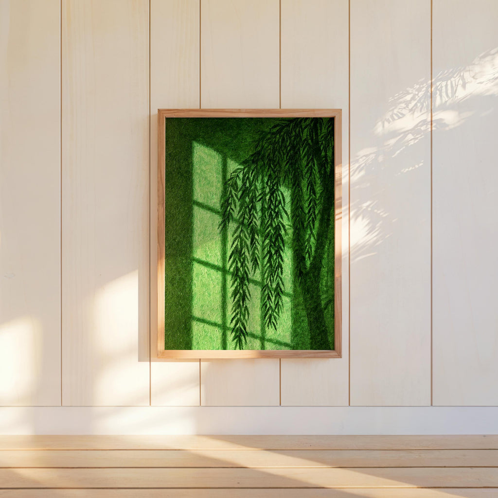 Willow Shadow Wall Art, Window Light Oil Paitning, Botanical Moody Plant Canvas, Warm Minimalist Silhouette Decor