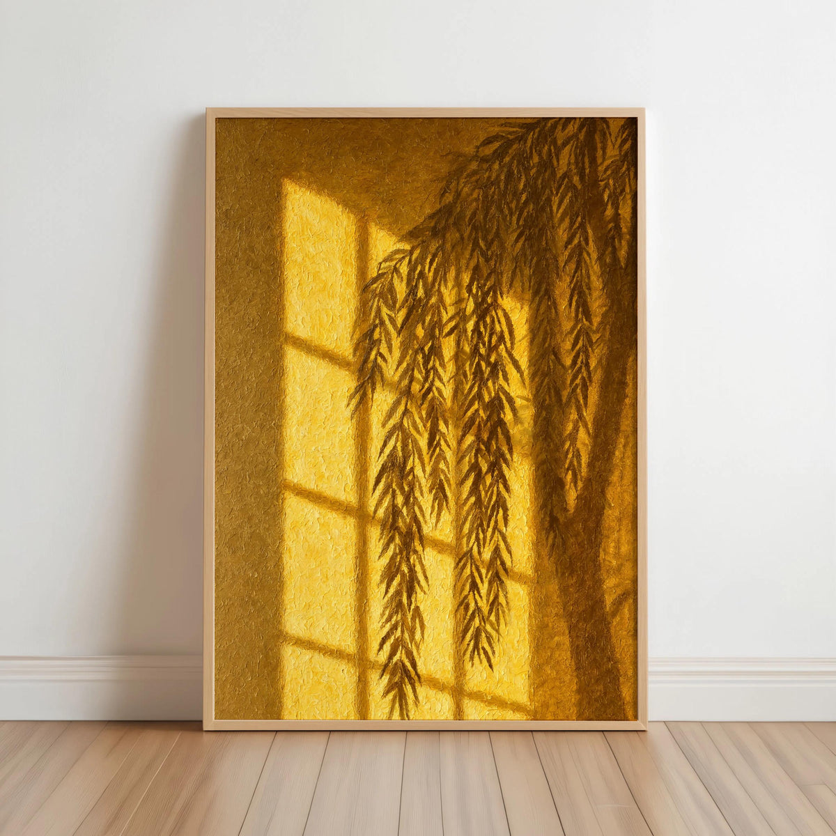 Willow Shadow Wall Art, Window Light Oil Paitning, Botanical Moody Plant Canvas, Warm Minimalist Silhouette Decor