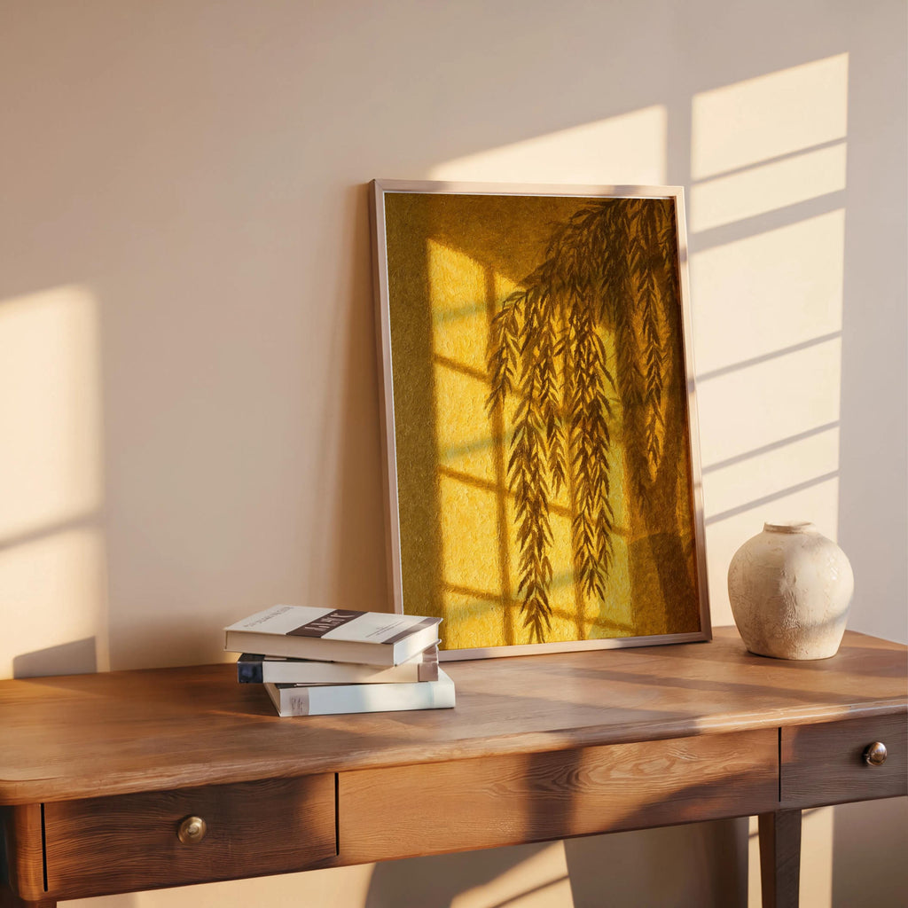 Willow Shadow Wall Art, Window Light Oil Paitning, Botanical Moody Plant Canvas, Warm Minimalist Silhouette Decor