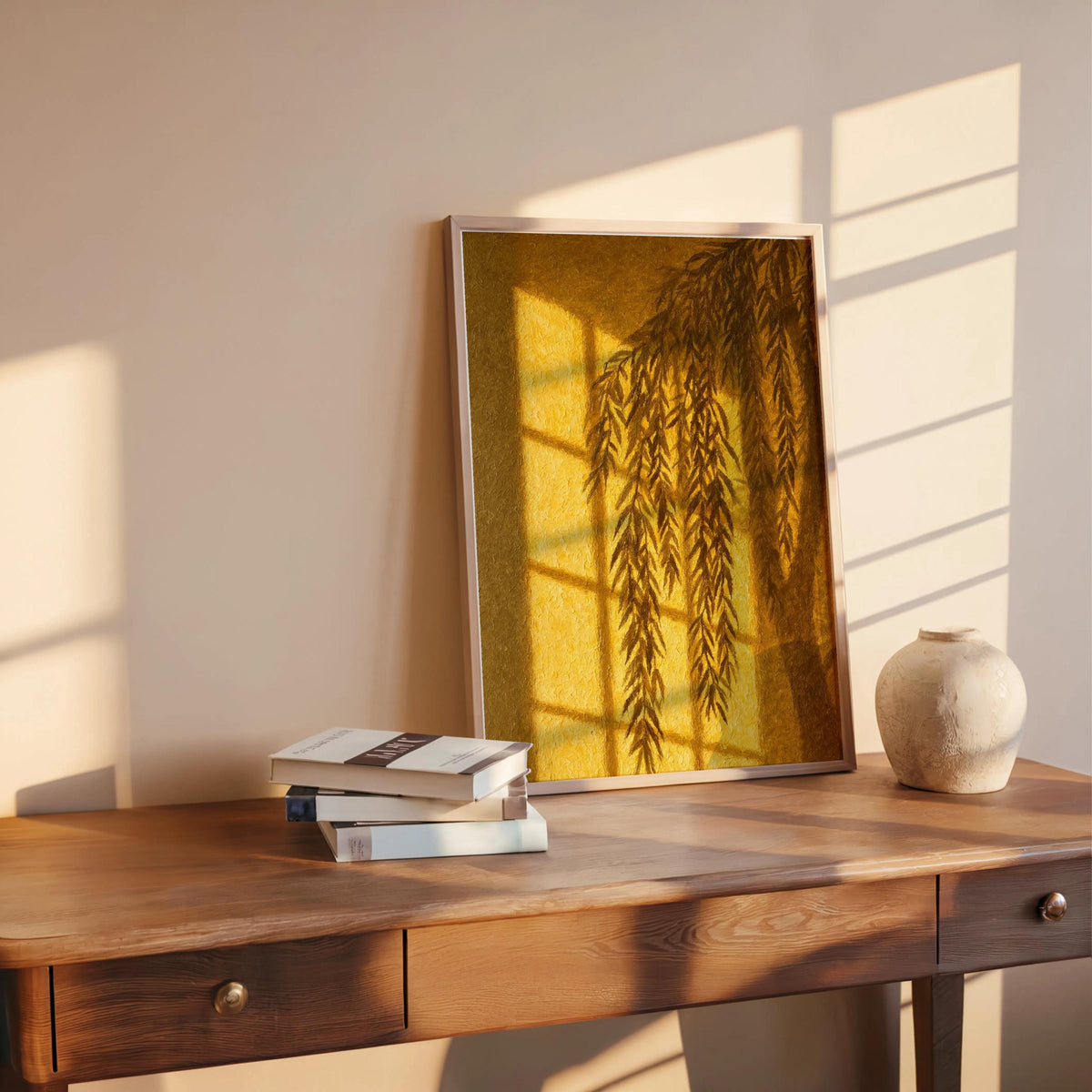 Willow Shadow Wall Art, Window Light Oil Paitning, Botanical Moody Plant Canvas, Warm Minimalist Silhouette Decor
