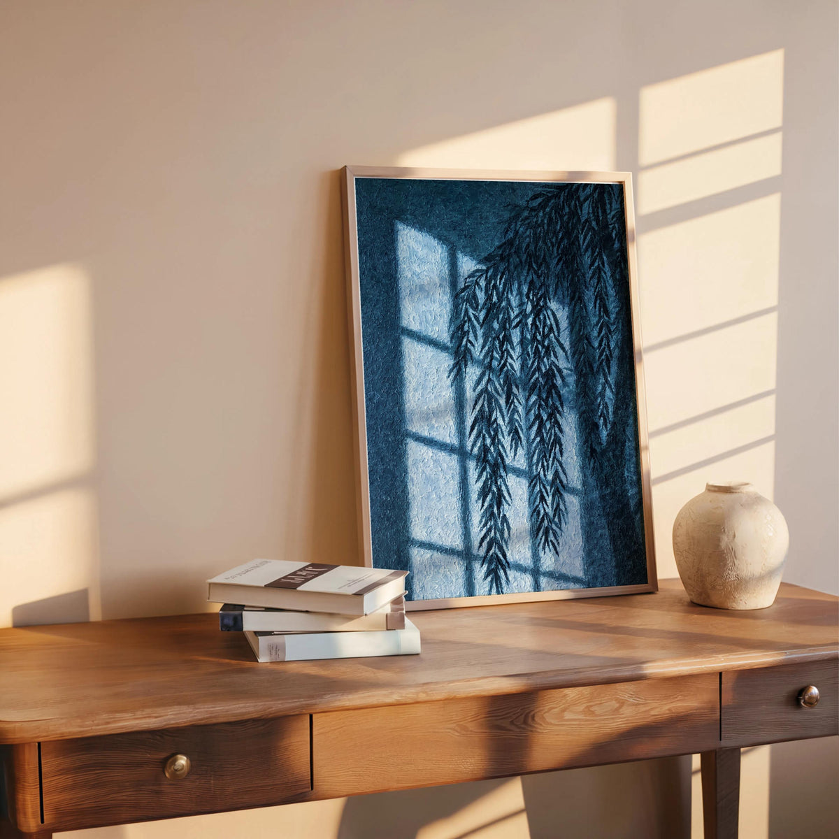 Willow Shadow Wall Art, Window Light Oil Paitning, Botanical Moody Plant Canvas, Warm Minimalist Silhouette Decor