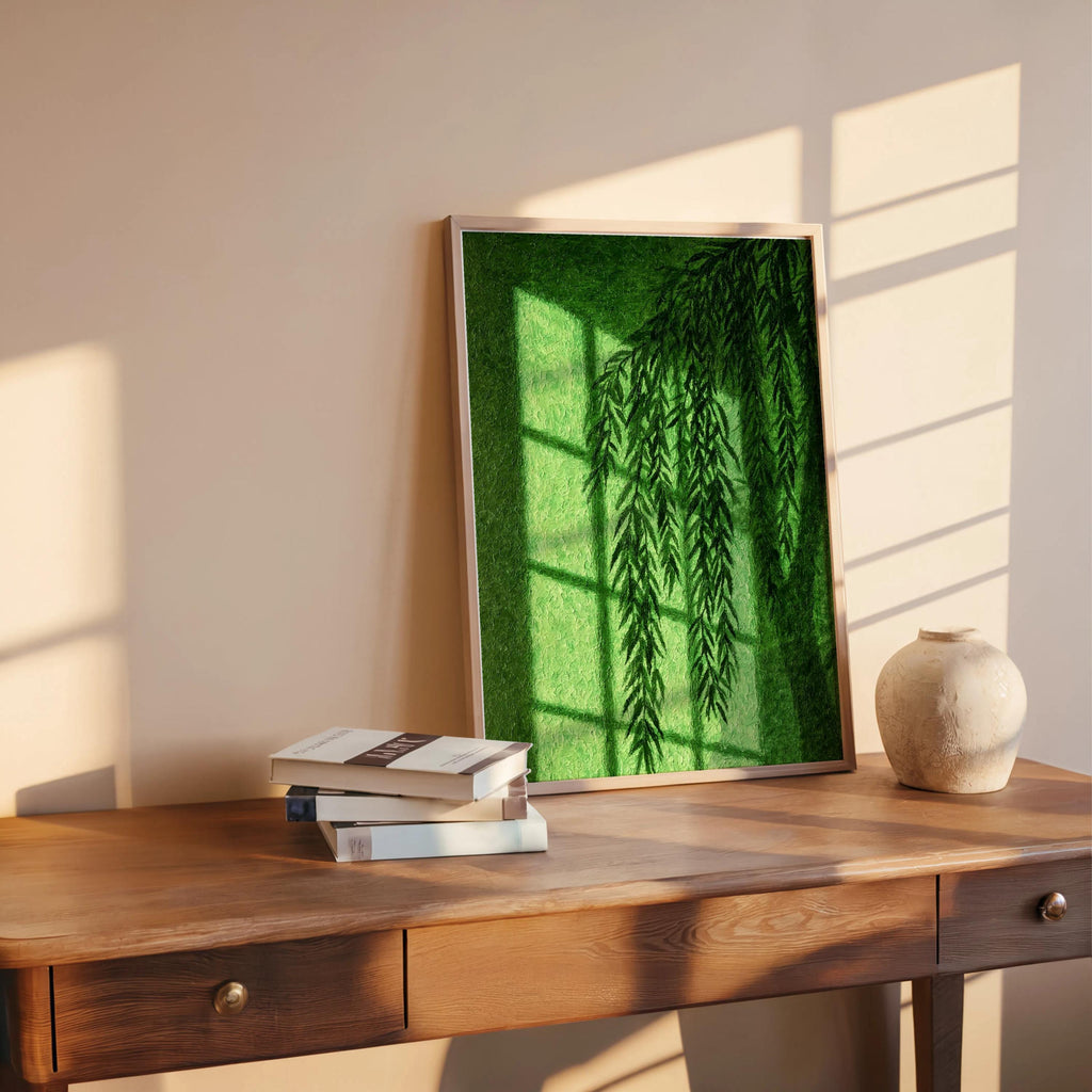 Willow Shadow Wall Art, Window Light Oil Paitning, Botanical Moody Plant Canvas, Warm Minimalist Silhouette Decor