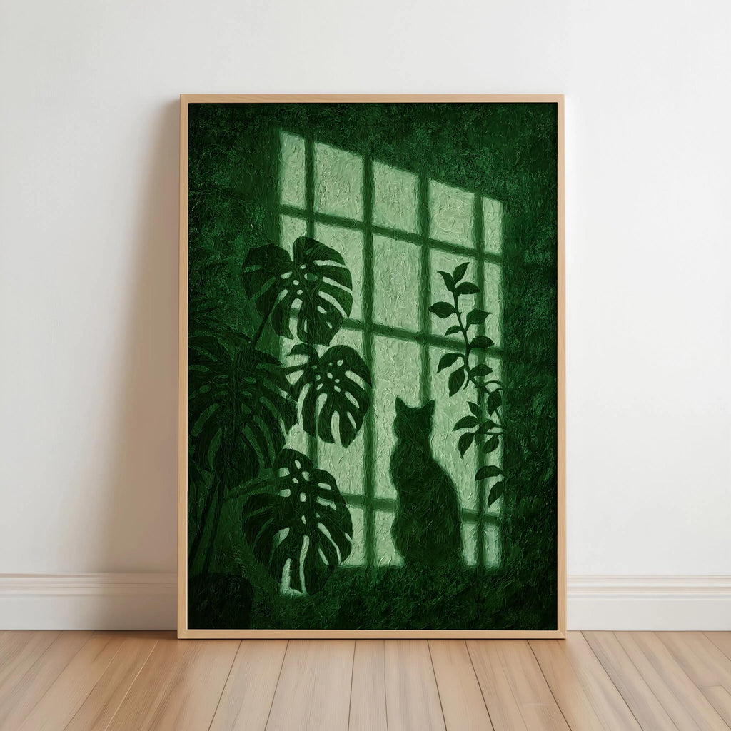 Window Light Cat & Plant Painting, Golden Hour Botanical Wall Art, Moody Animal Canvas, Warm Monstera Print, Minimalist Silhouette Artwork