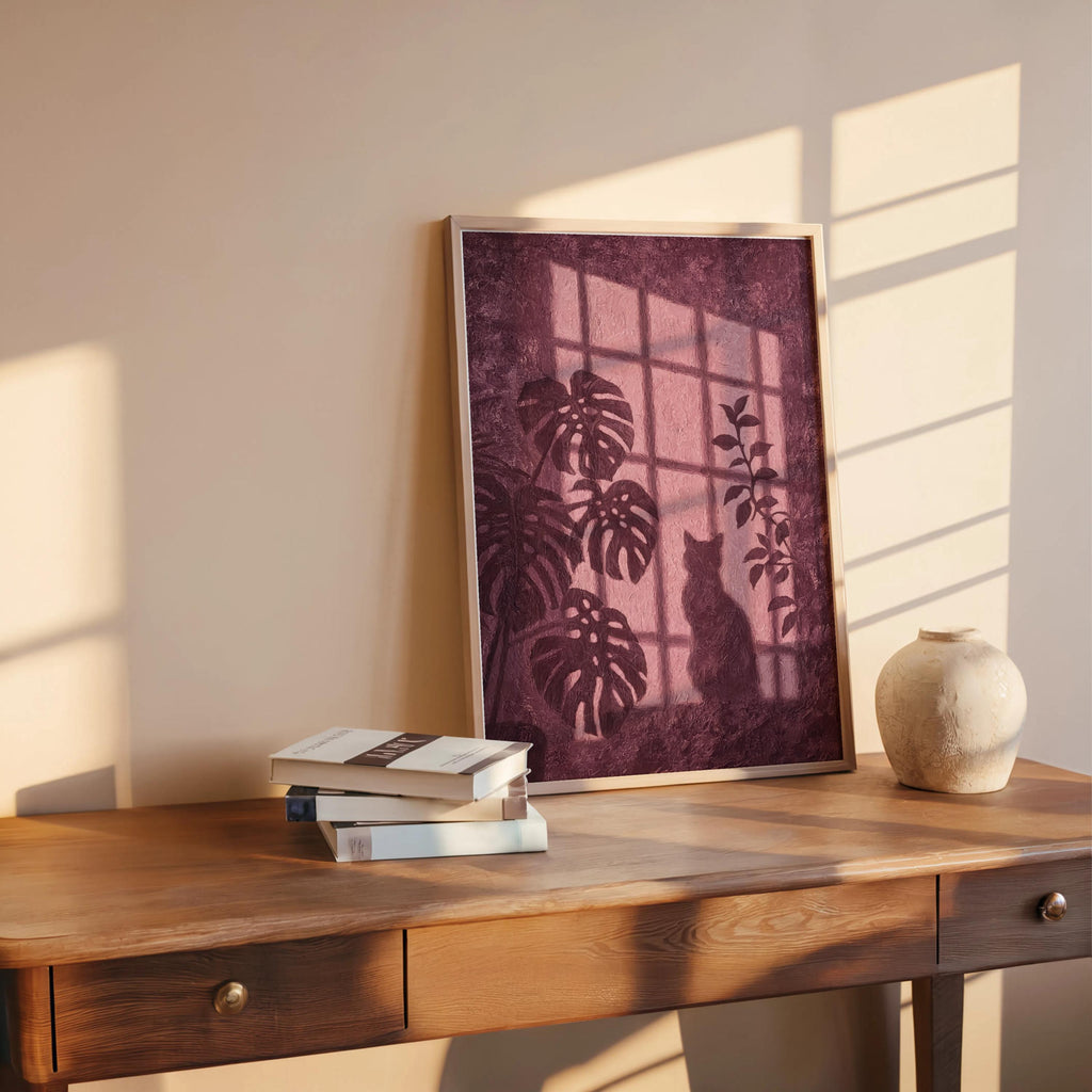 Window Light Cat & Plant Painting, Golden Hour Botanical Wall Art, Moody Animal Canvas, Warm Monstera Print, Minimalist Silhouette Artwork