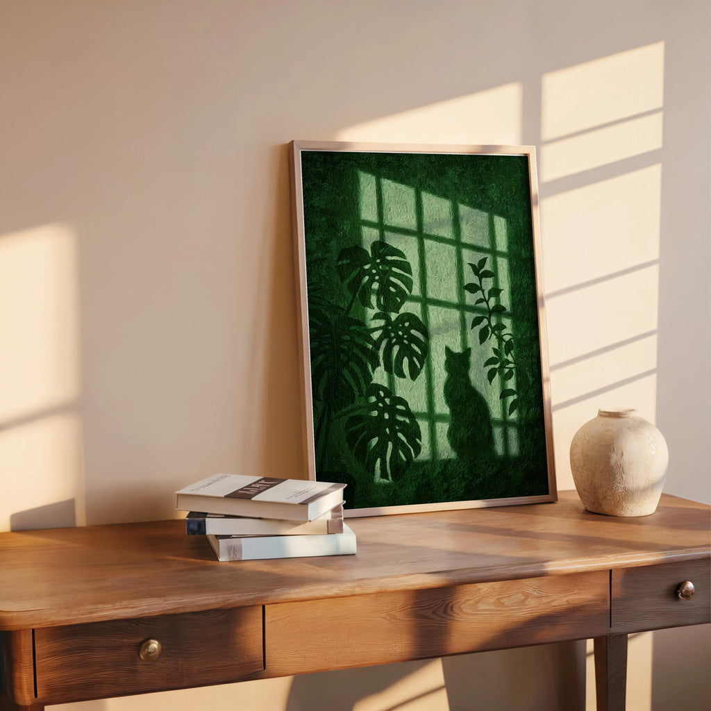 Window Light Cat & Plant Painting, Golden Hour Botanical Wall Art, Moody Animal Canvas, Warm Monstera Print, Minimalist Silhouette Artwork