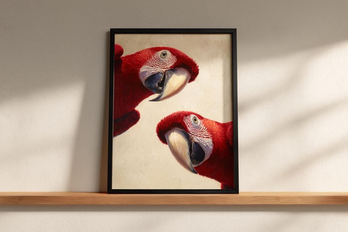 Macaw poster print in slim black frame on a narrow shelf, warm cream background, playful peeking parrots
