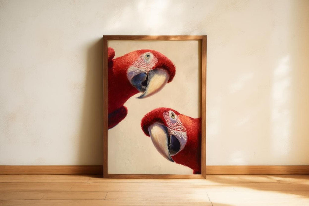 Funny parrot wall art in a warm wood frame, sunlit corner, textured cream background and minimalist negative space