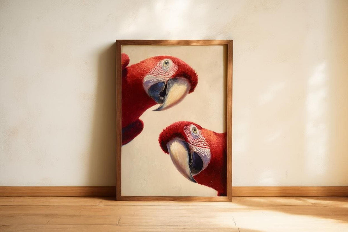 Funny parrot wall art in a warm wood frame, sunlit corner, textured cream background and minimalist negative space