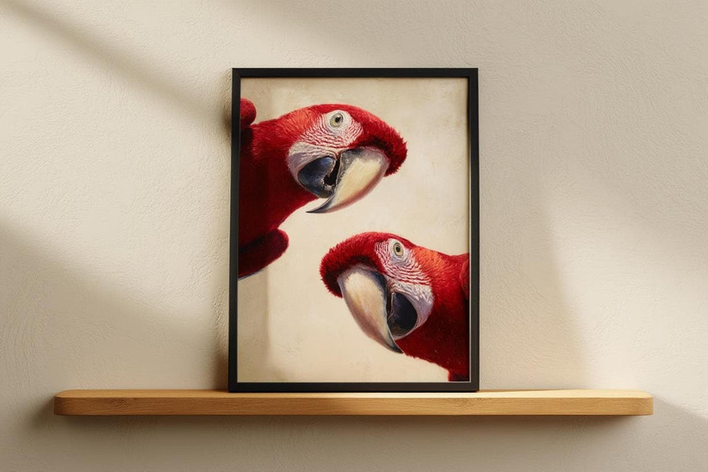 Red parrot wall decor in a black frame on a floating shelf, soft daylight, minimalist colorful bird statement