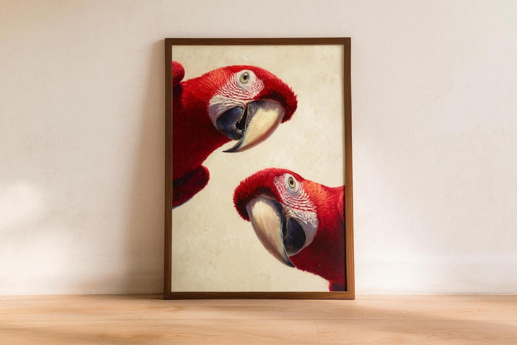 Macaw parrot wall art print centered on a simple shelf in a natural frame, bright neutral wall and playful composition