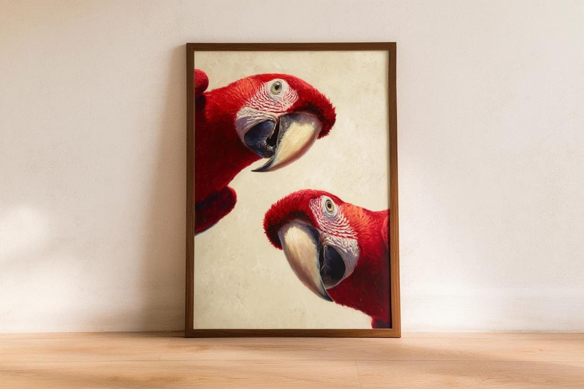 Macaw parrot wall art print centered on a simple shelf in a natural frame, bright neutral wall and playful composition
