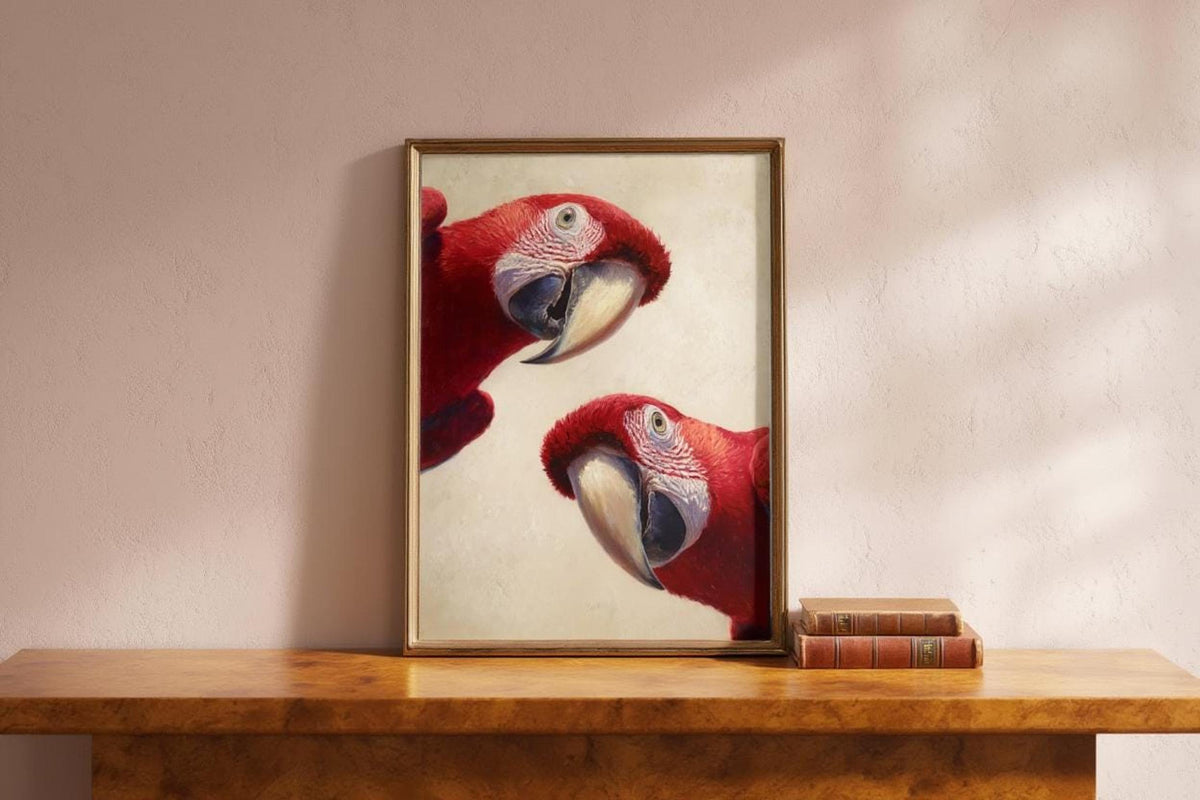 Whimsical parrot nursery art leaned on a low shelf with a small book stack, soft sunlight, clean modern decor