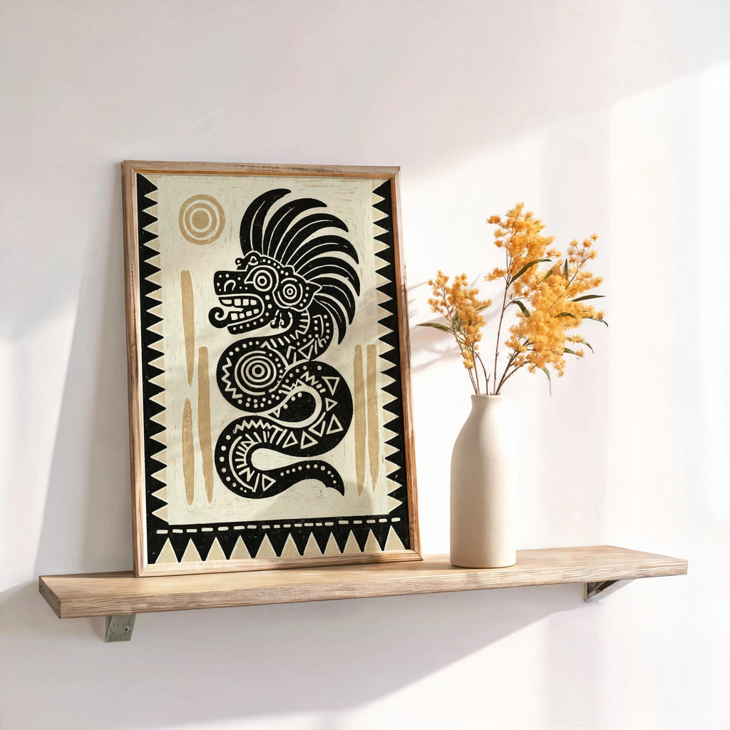 Mexican folk art print on a floating shelf with dried flowers, bold feathered serpent and sun motif.