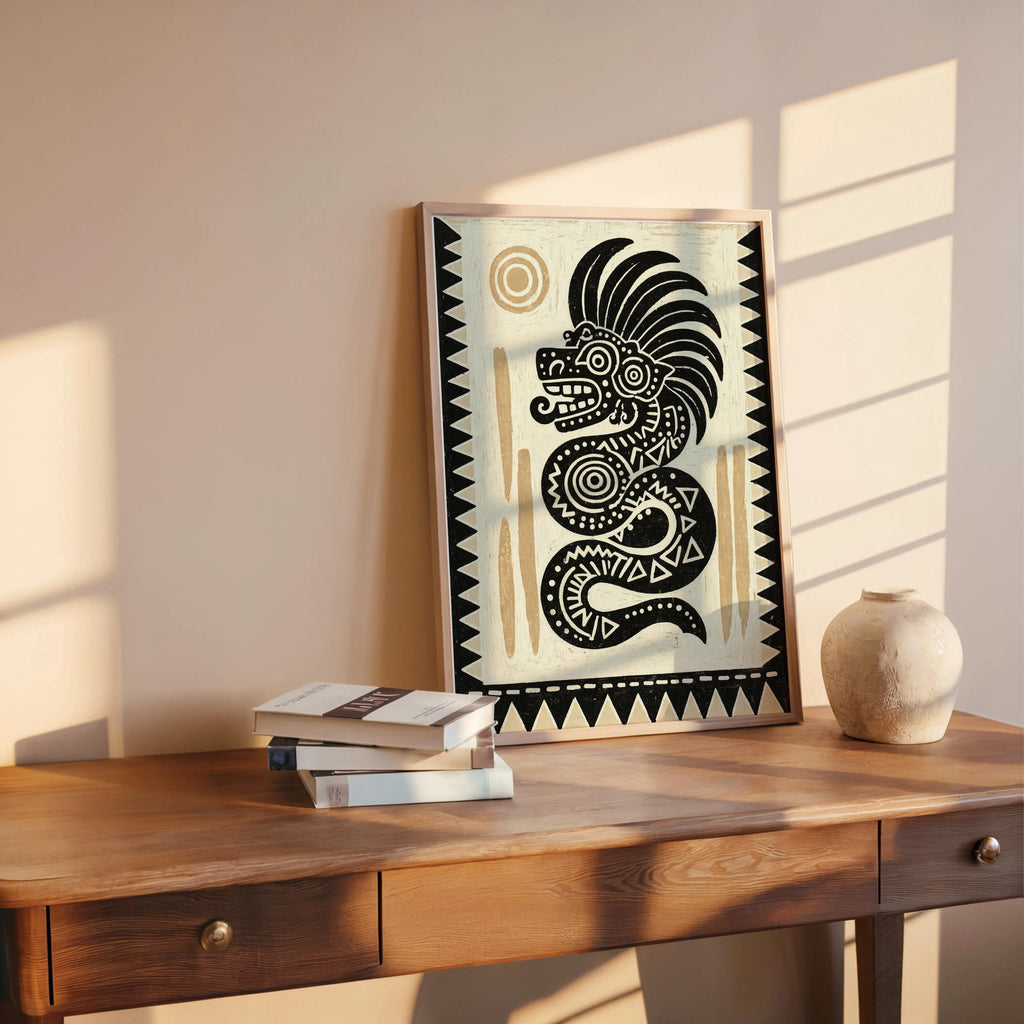 Boho Mexican decor styling, feathered serpent poster leaning on a desk with books and pottery, warm light.