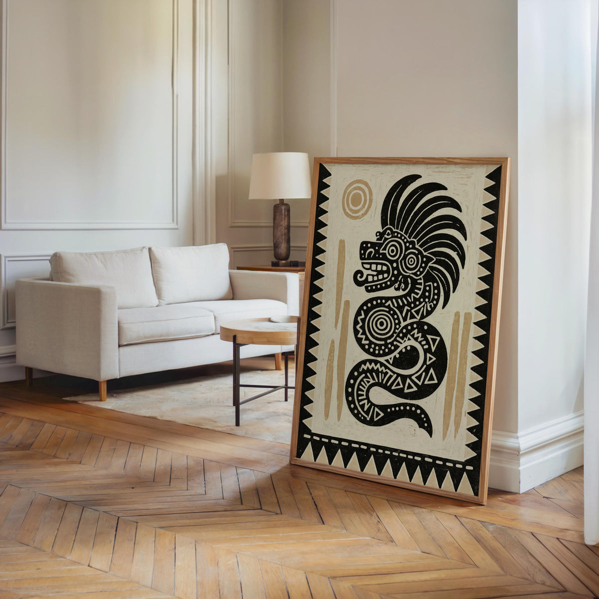 Quetzalcoatl wall art propped by a sofa, Aztec serpent print in high-contrast block-print style.