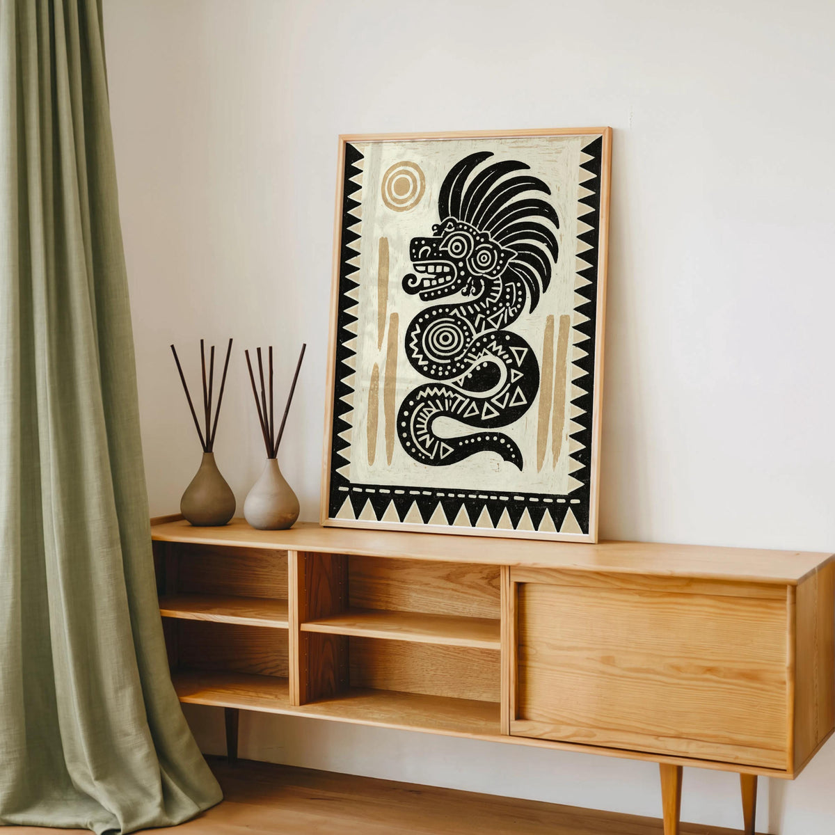 Mexican folk art print leaning on a mid-century credenza, styled for gallery wall or standalone Latino wall art.