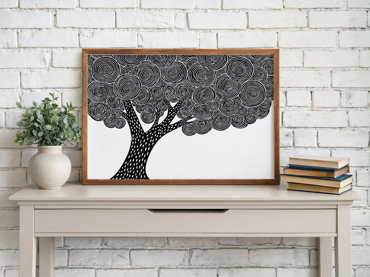 Black and white tree wall art above a white brick mantel, woodblock tree print, high contrast graphic