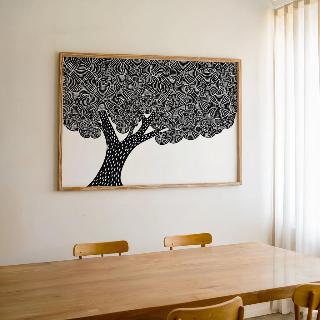 Black and white tree wall art hung above a dining table, Japanese tree art print, graphic trunk