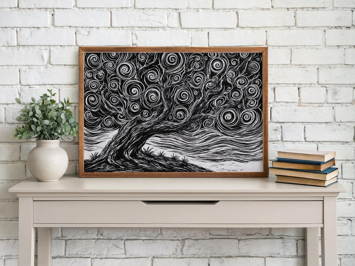 Wood-framed black and white tree linocut print sitting on a white brick mantel with plant and stacked books, scandi minimalist styling