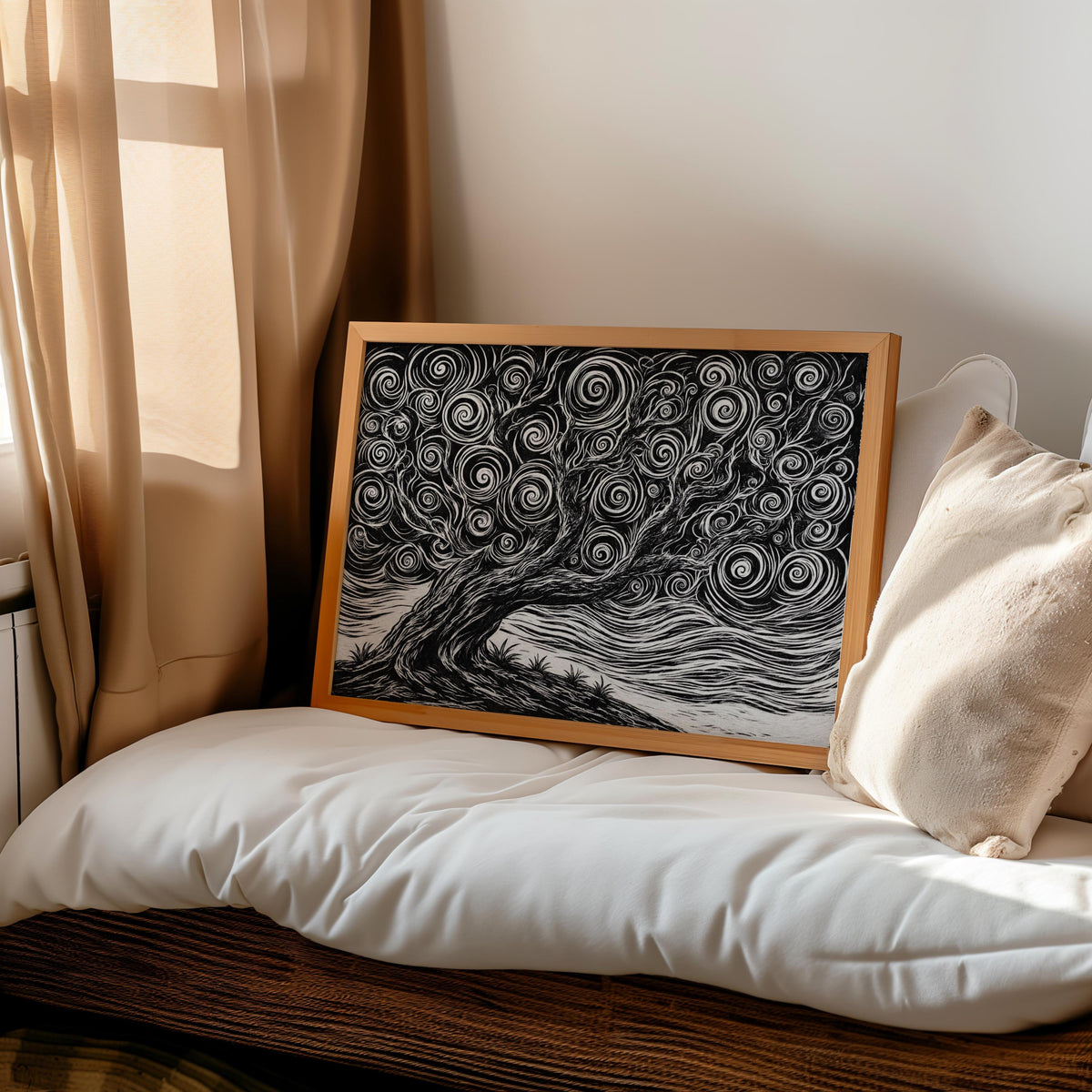 Natural wood framed black and white tree linocut print resting on a cozy daybed, neutral scandinavian woodland wall decor vibe
