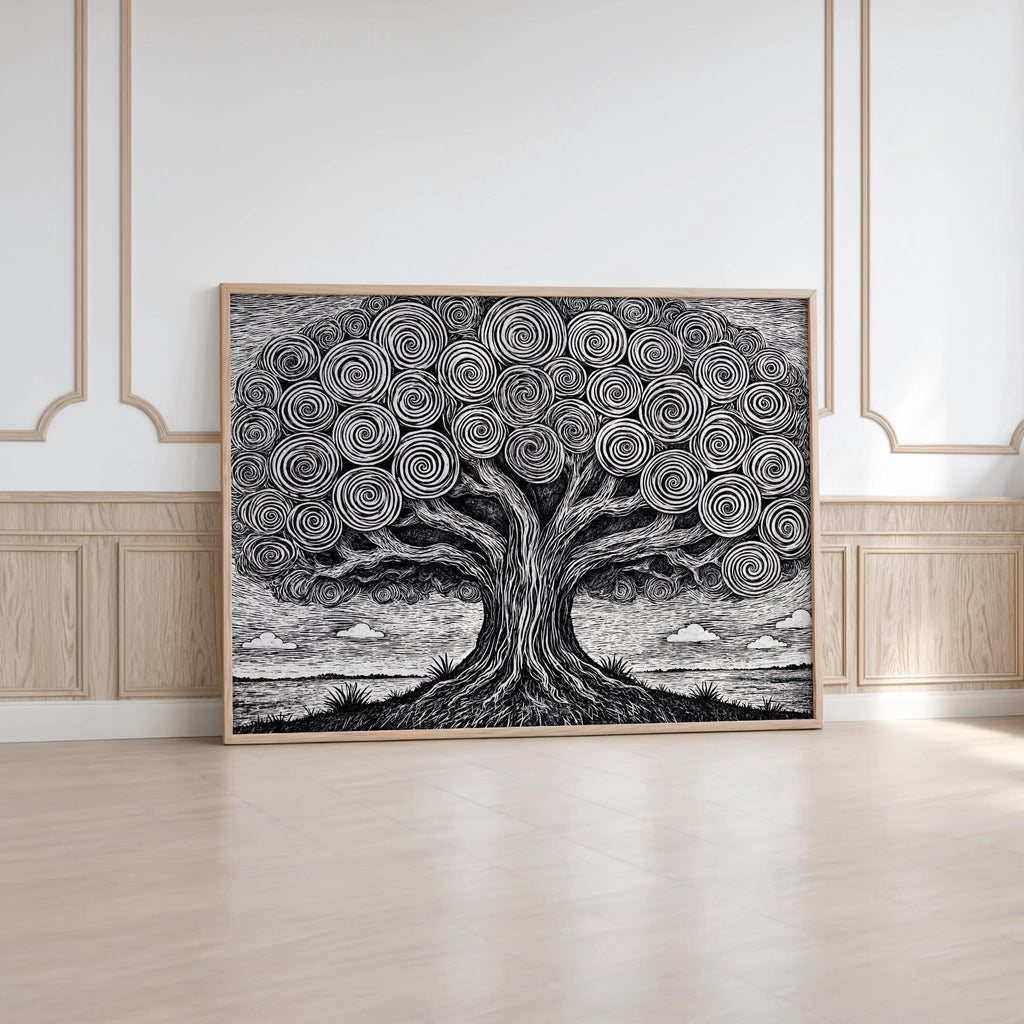 Large horizontal black and white tree of life wall art, print leaning against ornate white molding, airy gallery feel.