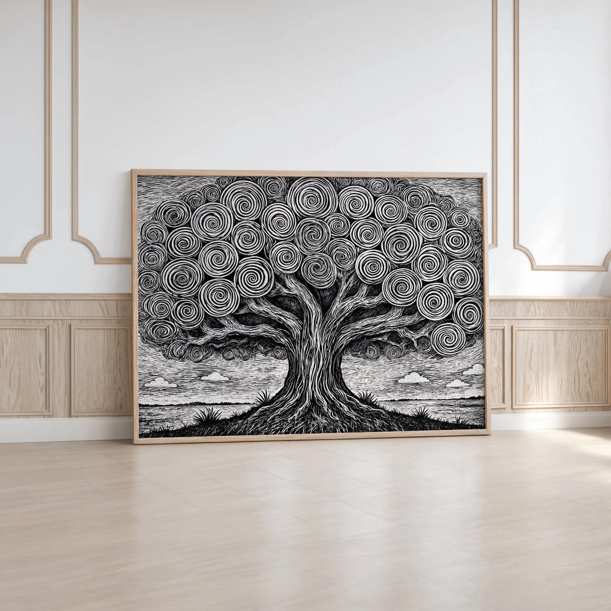 Large horizontal black and white tree of life wall art, print leaning against ornate white molding, airy gallery feel.