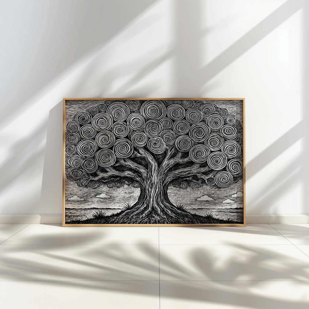 Horizontal black and white tree of life wall art framed, sunlit wall, strong shadow and dense stippling canopy.