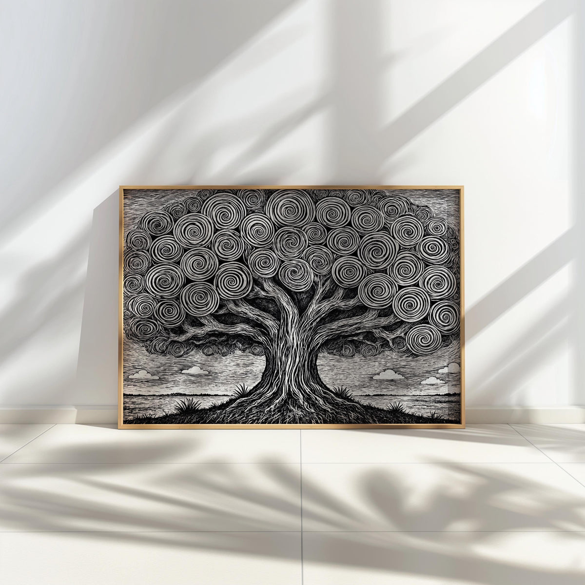 Horizontal black and white tree of life wall art framed, sunlit wall, strong shadow and dense stippling canopy.