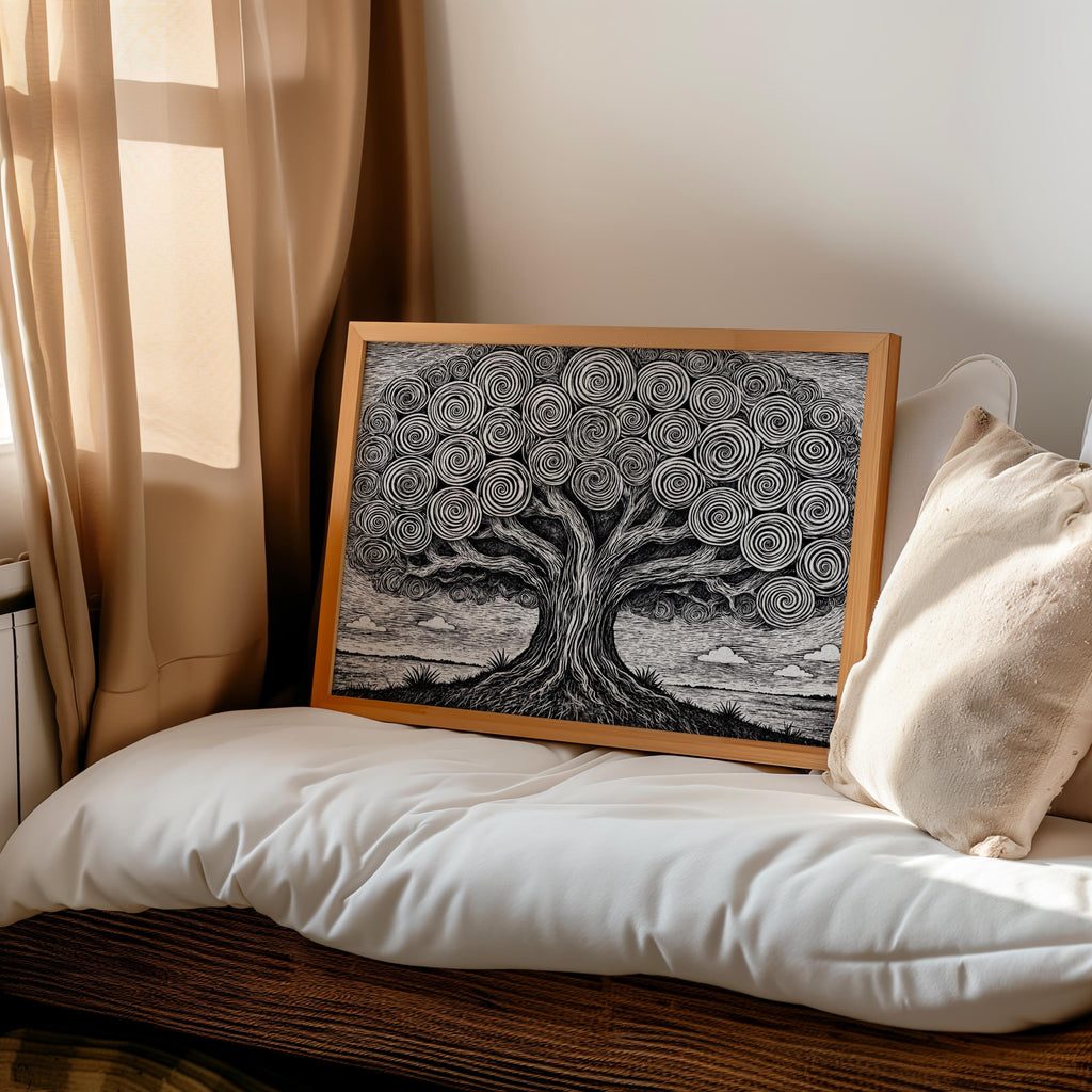 Black and white tree of life wall art framed, leaning on bed cushions, warm drapery and soft neutral bedding setting.